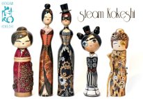 Katagami Kokeshi by Reka Toth-Vasarhelyi Artisan | Woodturner Steam Punk Kokeshi | Soulportal Collection Collaborative commissioned Project