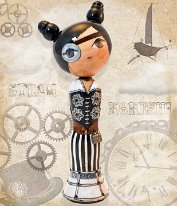 Katagami Kokeshi by Reka Toth-Vasarhelyi Artisan | Woodturner Steam Punk Kokeshi | Soulportal Collection Collaborative commissioned Project