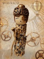 Katagami Kokeshi by Reka Toth-Vasarhelyi Artisan | Woodturner Steam Punk Kokeshi | Soulportal Collection Collaborative commissioned Project