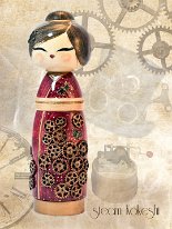 Katagami Kokeshi by Reka Toth-Vasarhelyi Artisan | Woodturner Steam Punk Kokeshi | Soulportal Collection Collaborative commissioned Project