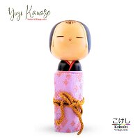 Yuji Kawase (川瀬祐志作) A beautifully crafted sayonara doll. The pink silk fabric covered roll of paper is wrapped securely around the body of this Kokeshi and then tied with a golden...