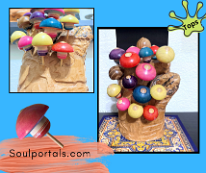 Kokeshi Toys: Tops; 16 spinners on tree trunk display Unsigned Hineri koma ひねり独楽 Twist Top